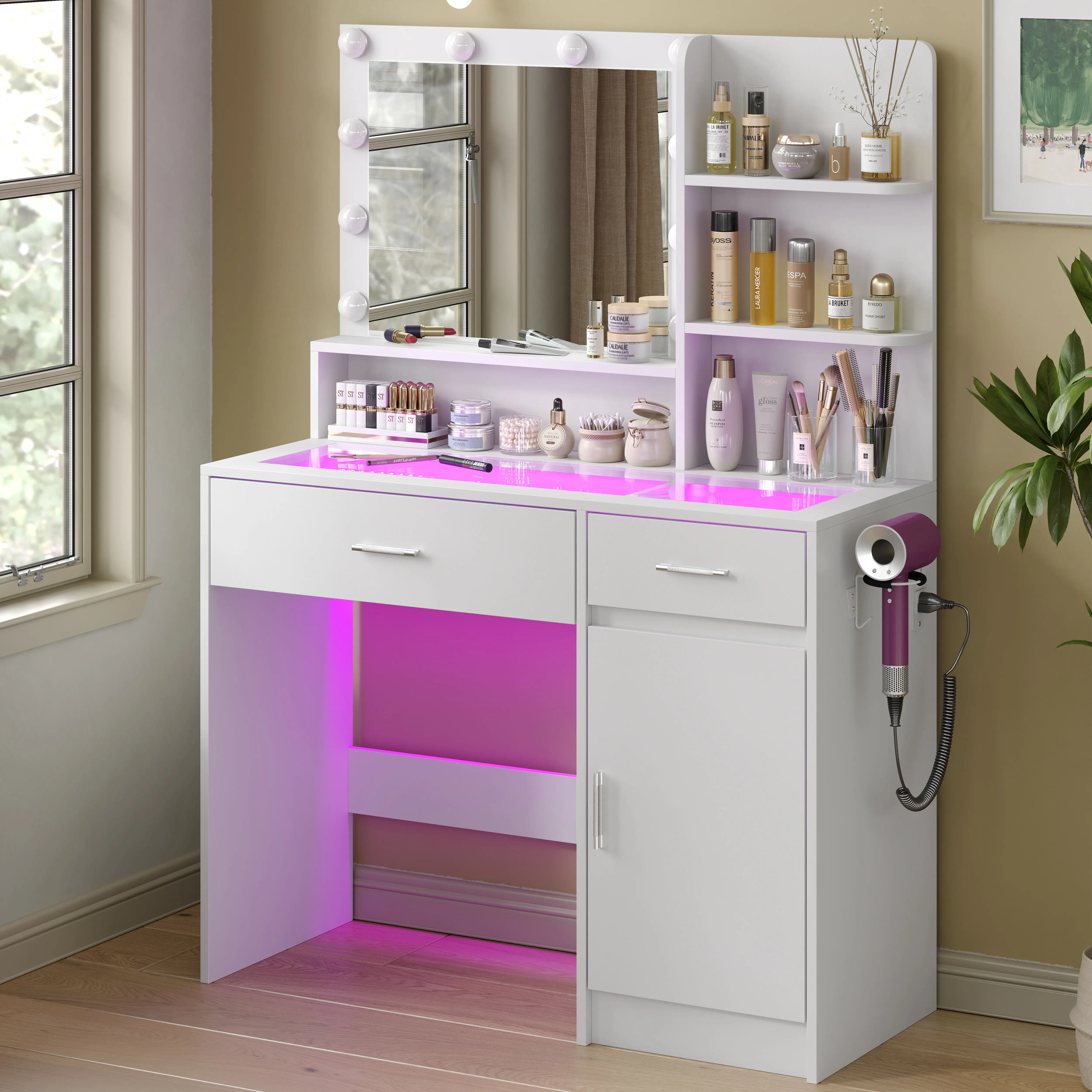 CollaredEagle Vanity Desk With Mirror And 3 Lighting Modes 10 USB Power LED Lights, 40" Makeup Vanity With Glass Top & Power Outlet, Vanity With 36 Li