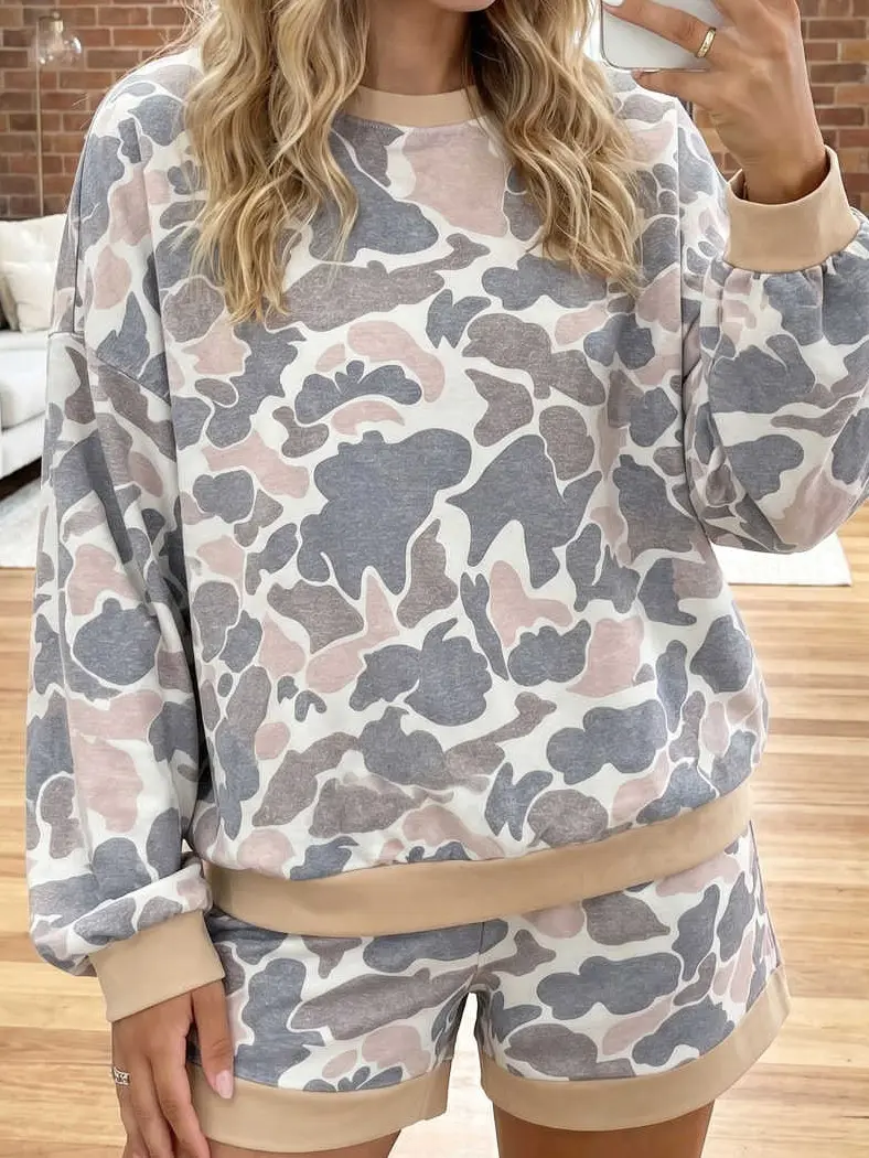Lady's Oversized 2-Piece Camouflage Loungewear Set - Longsleeves Pullover Top, Matching Shorts with Colorblock Ribbed Trim, Soft Breathable Relaxed Fit for Travel, Everyday Wear, Style, Comfortable
