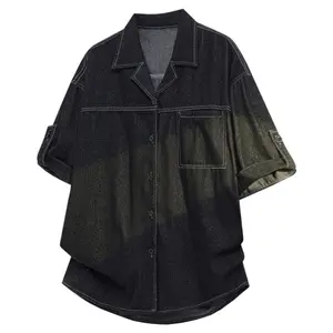 High-street gradient washed denim shirt for summer—lightweight, loose relaxed fit, turn-down collar, mid-length sleeves, rollable sleeves, design-forward niche style, versatile outerwear #Summervibes