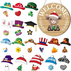 35 count Christmas Interchangeable Highland Cow Welcome Sign Hanging Seasonal Cow  Wooden Front Door Decor with 17 Interchangeable Hat 17  Swappable Pieces for Farmhouse Holiday(Brown)