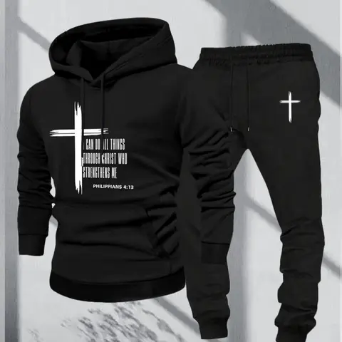 Men's Inspirational Two-Piece Set, Philippians 4:13 Print Knit Hoodie & Drawstring Pants, Casual Winter, Trendy Religious Clothing