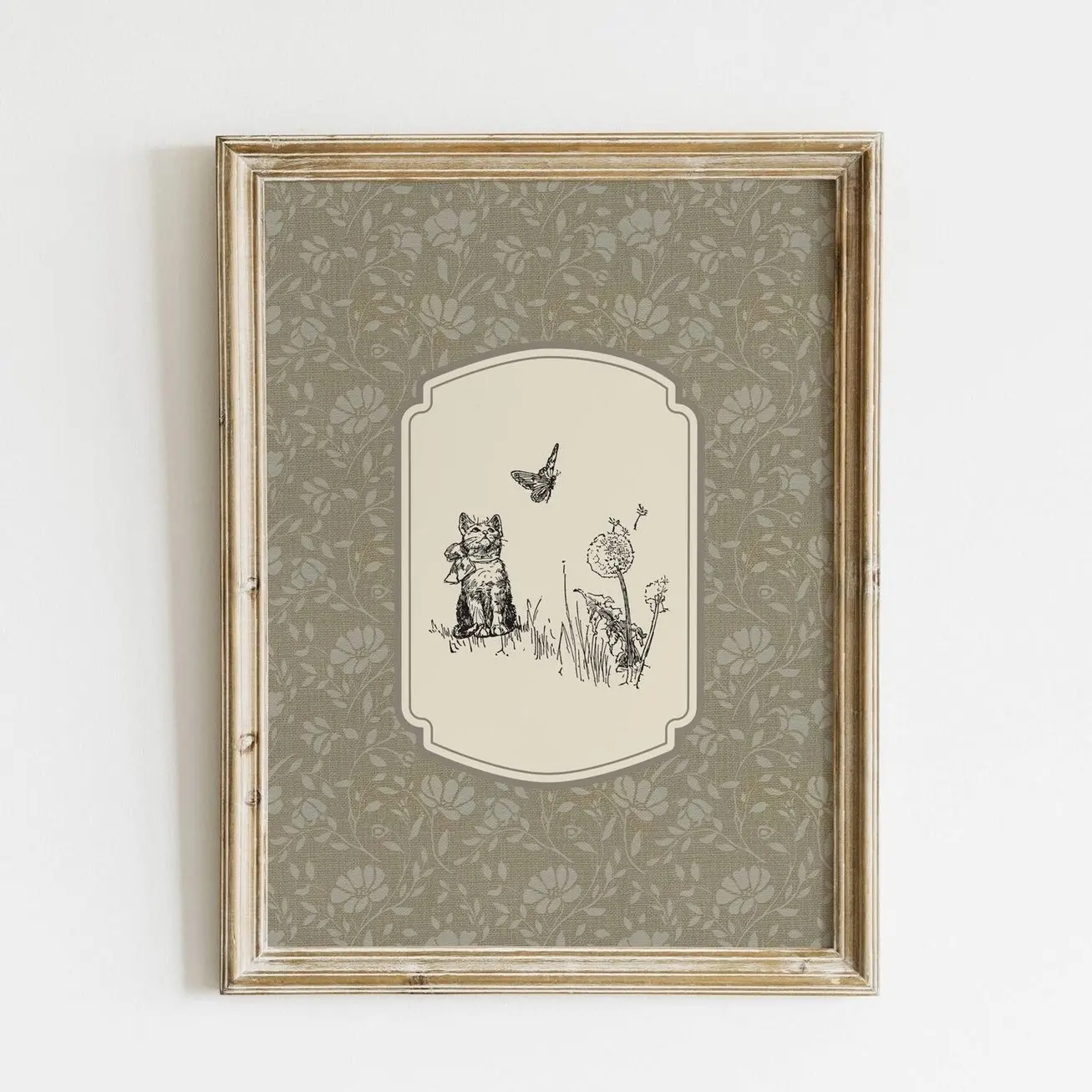 Vintage Kitten Printable Art, Antique Floral Cat Nursery Wall Decor, Animal Sketch Z