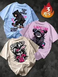 Men's American Cool Skateboard Animal Series Short Sleeve T-Shirt (3 Pack), Breathable Fabric, Soft and Smooth, Summer Essential