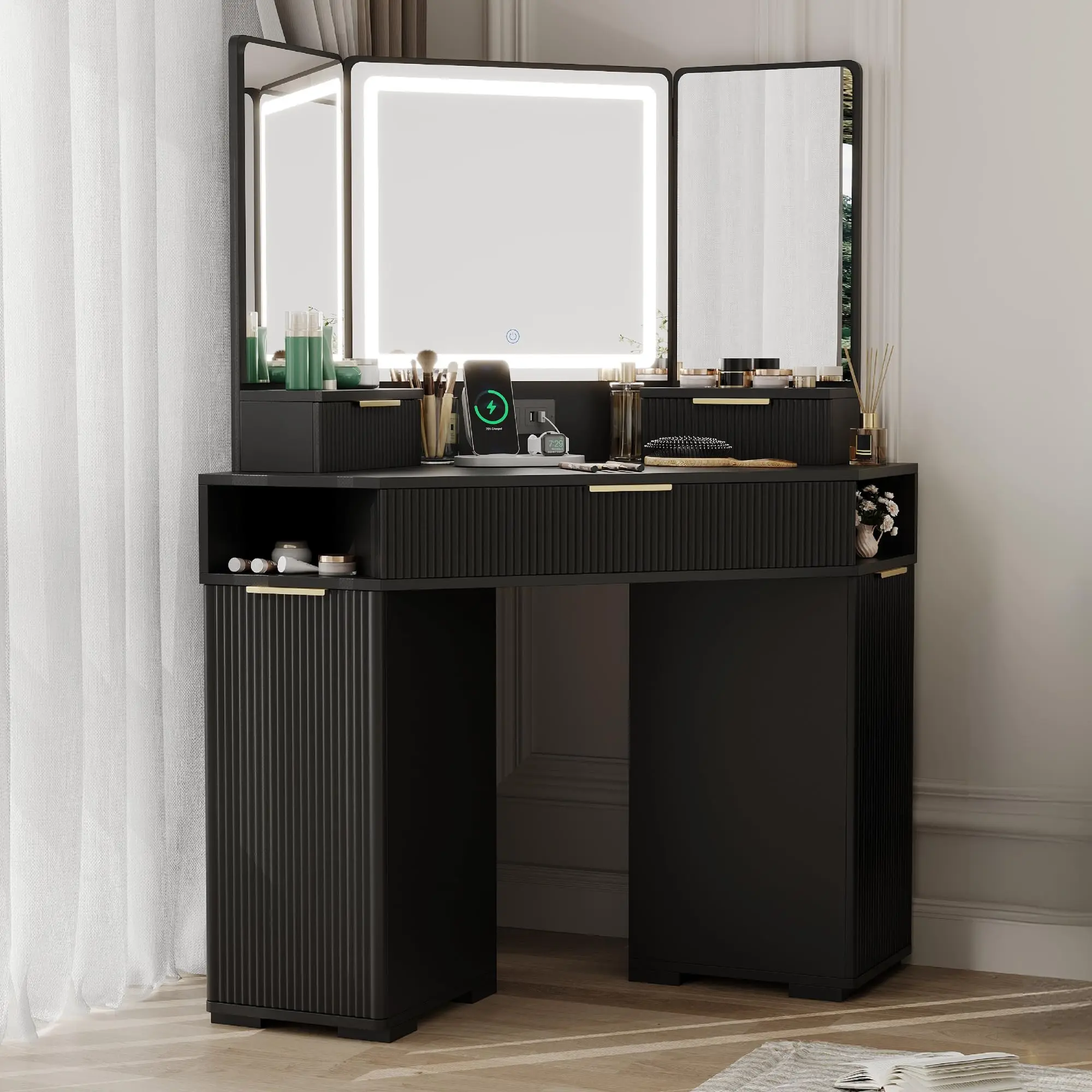 corner dressing table black Qeetex Makeup Vanity Desk with Lights and Power Outlet - Corner Vanity Table  with 5 Rotating Drawers/3 Color Lighting/Brightness Adjustable/Shelves and  Stool - Dressing Table for Women Girls