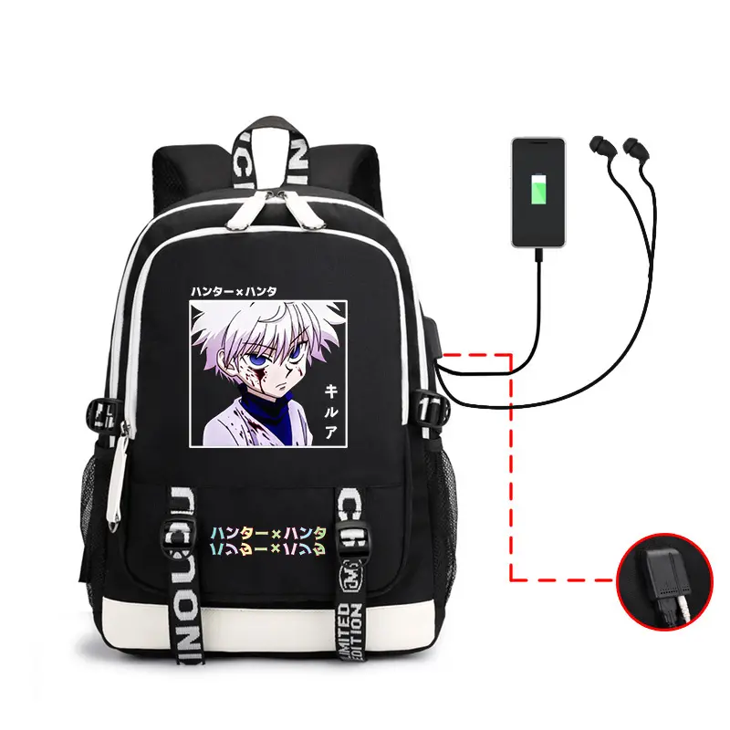 Hunter Anime Print Backpack, USB Charging Port & Headphone Jack Daypack, Large Capacity Bag for School Daily Outdoor Travel