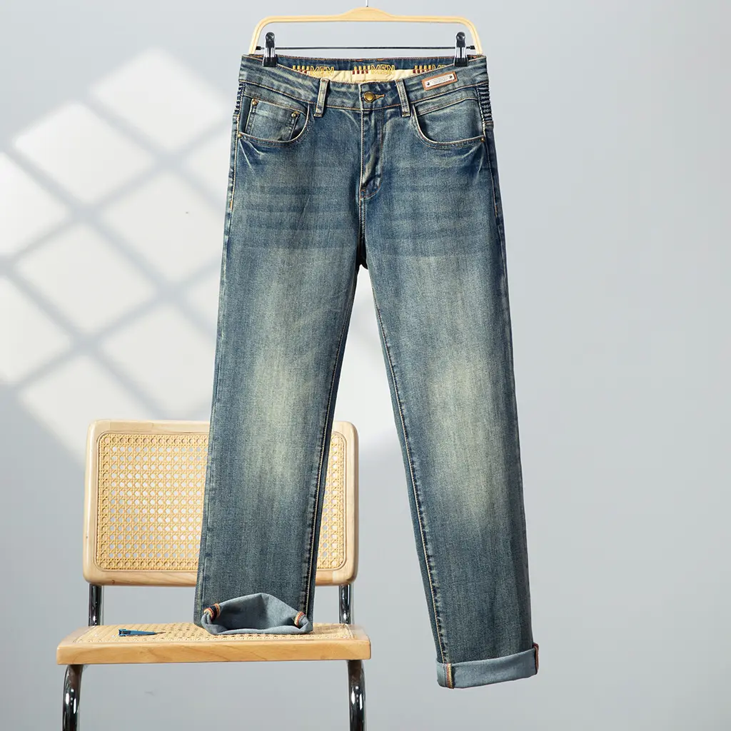 Menswear Vintage Denim Cowboy Jeans, Flannel-Accent Men's Casual Pants for Daily Wear
