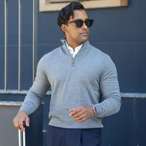 Grey with Grey Trim Luxury Touch Cotton and Cashmere Quarter Zip Sweater