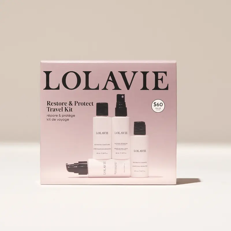 LOLAVIE Restore & Protect Travel Kit by Jennifer Anniston with Restorative Shampoo & Conditioner, Glossing Detangler, and Perfecting Leave-In for Hydrating & Repairing Haircare