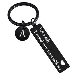Father’s Day Gift Drive Safe Keychain Engraved “I Need You Here With Me” Stainless Steel Letter A-Z Keyring Inspirational Gift for Men Dad Boyfriend