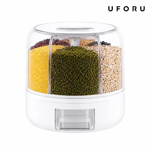 UFORU Durable Airtight Multi-Compartment Grain Dispenser - Separator Storage Bottles & Jars, 22lb/10kg Capacity, Lid, Rotating Mechanism, Easy-Clean Surface, Moisture-Proof, Dustproof, Countertop Home Use Organizer for Rice, Pet Food