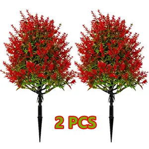 2 Upgraded Artificial Red Spiked Flower Trees with Vibrant Red Lavender Blooms and Green Foliage, Realistic Trunk and Root Texture Details, UV-Resistant Durable Plastic Material, Includes Sturdy Ground Stakes, Perfect for Fall Indoor/Outdoor Decor
