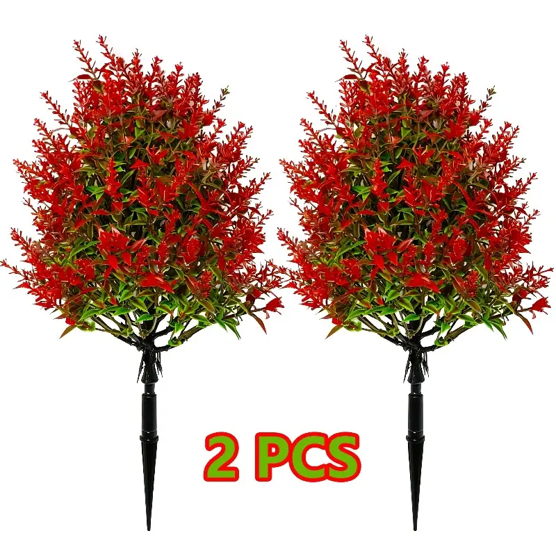 2 Artificial Red Spiked Flower Trees, Artificial Flower Decorations, Floral Decor, with Lavender Blooms and Green Foliage, Realistic Trunk and Root Texture, UV-Resistant Durable Plastic Material, Includes Ground Stakes, Indoor/Outdoor Decor
