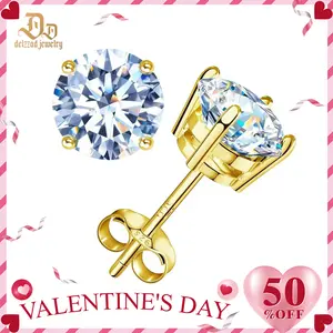 Delzzad 18k Gold-Plated Four Prong Stud Earrings Round Synthetic Moissanite Prong Stud Earrings Jewelry S925 Anniversary Day Birthday Valentine's Day Christmas Gifts For Men Women