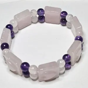 Rose Quartz & Amethyst Crystal Bead Soft Bangle with Hearts--=%2=- stretch=%2=----=%2=- bracelet=%2=-- stretch