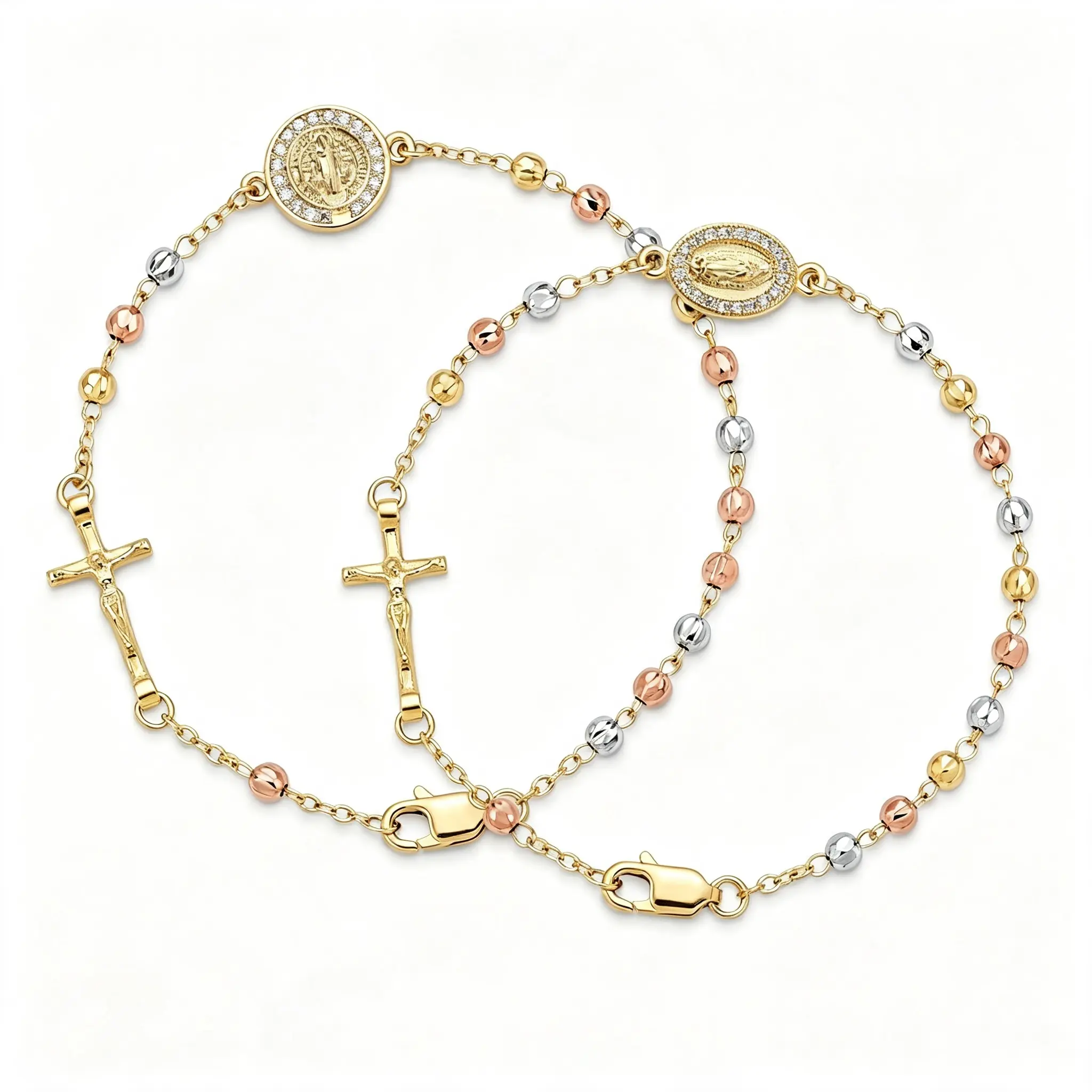 2Pcs Tri Color Rosary Bracelet Set For Women | Dainty Virgin Mary & Saint Benedict Crystal Charm Cross Bead Wrist Jewelry, Matching Bff Birthday Gift