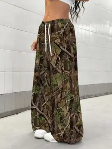 High Waist Drawstring Wide Leg Pants, Forest Branch Print Casual Fashion, Loose Fit for All Seasons, Must-Have Trendy Long Pants