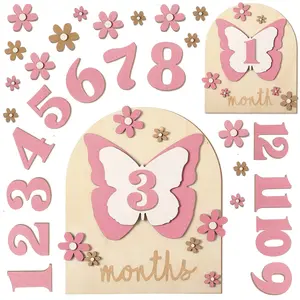 26 count  Monthly Milestone Cards Set, 7 x 6 Inch Wooden Monthly Milestone Discs Milestone Wooden Circles One Month  Sign Milestone for Girl(Butterfly)