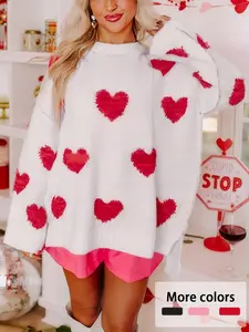 Women's Plus Size Valentine's Day Heart Embroidered Loose Round Neck Knit Sweater, Sweet Casual Style, Holiday Atmosphere Top