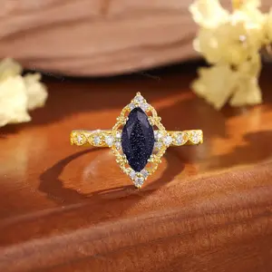 Galaxy Blue Sandstone Marquise Engagement Ring Art Deco Halo in White Gold Glow 1.5ct Aquamarine Moissanite Handmade LA Jewelry 7-10 Day Promise