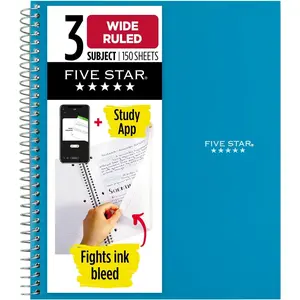 Five Star Spiral Notebook + Study App, 3 Subject, Wide Ruled Paper, 150 Sheets, 101/2" x Sheet Size, Tidewater Blue (73184)