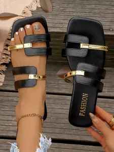 High-Quality Fashion Sandals, Eu Style Metal Decor, Square Toe Flat, Summer Outdoor, Dual Strap Design, Large Sizes Available, Casual Summer Sandals