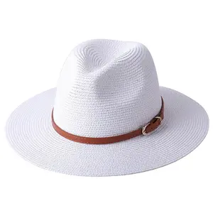 56-59CM New Natural Panama Soft Shaped Straw Hat Summer Women/Men Wide Brim Beach Sun Cap UV Protection Fedora Hat