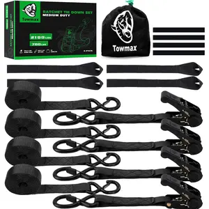 Ratchet Tie Down Straps (4 Pack) - Motorcycle Strap Tie Downs 2,100lb Break Strength - 1 in x 15ft Black Ratchet Straps -15" Soft Loop Tie Down Straps for Truck, Cargos