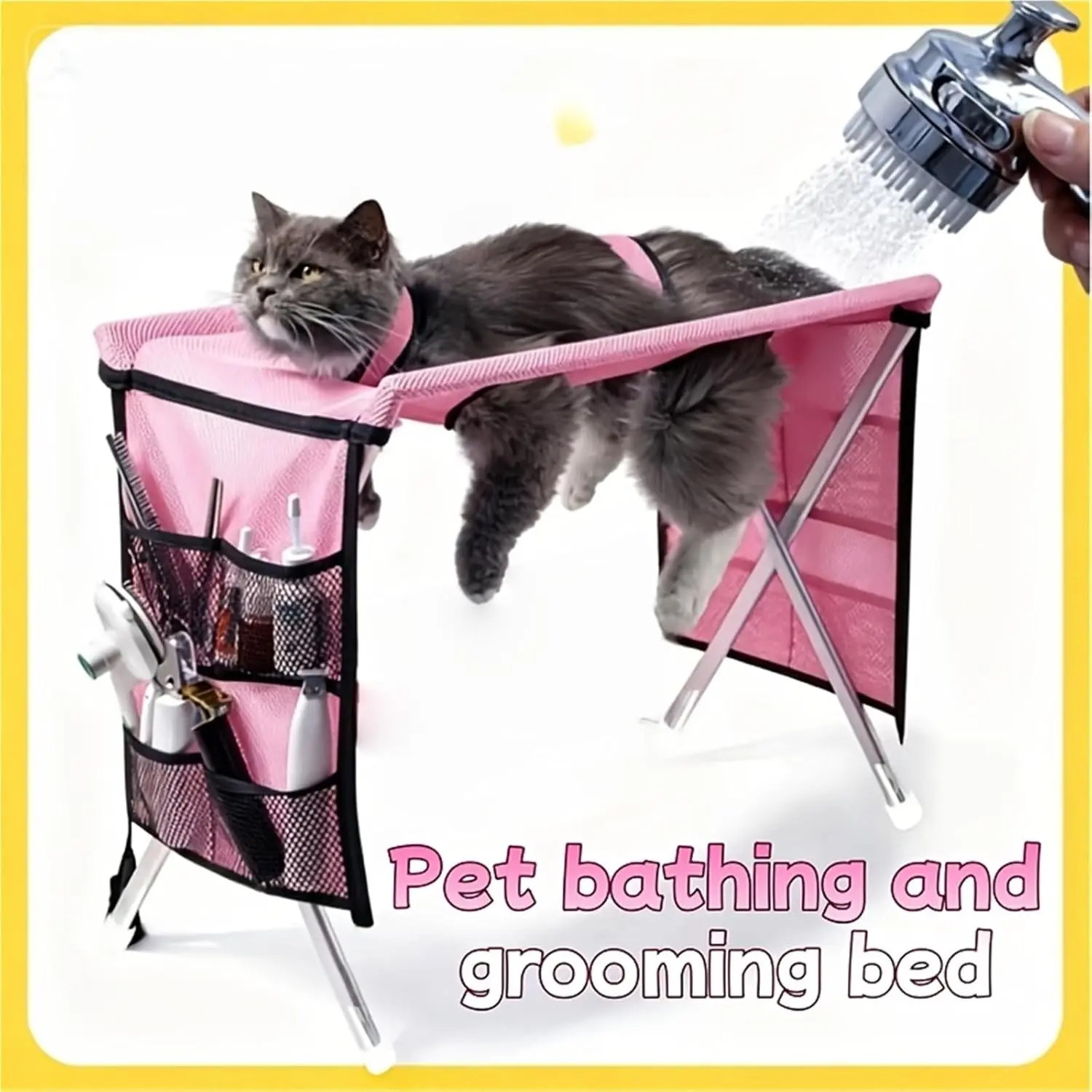 Pet Grooming Hammock for Small Dogs & Cats, Foldable Stainless Steel Grooming Table with Storage Pockets, Pet Bathing Support Stand for Nail Trimming & Drying