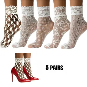 Women's 5 Pack Patterned Lace Anklet Socks - Elegant Lace Design with Ruffled Trim Detail for Comfort & Style Womenswear Everyday Feminine (White)