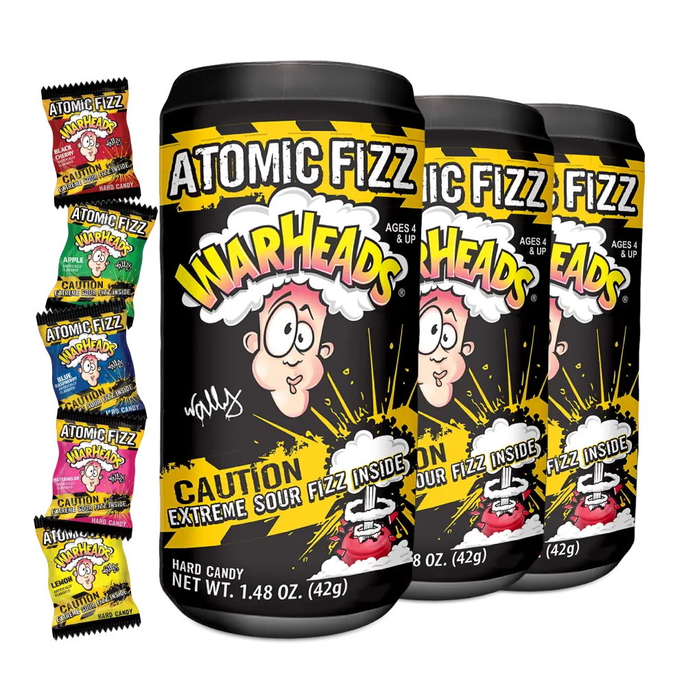 WARHEADS Atomic Fizz Extreme Sour Fizzing Hard Candy Sour Apple Black Cherry Blue Raspberry Lemon Watermelon Flavors 1.48 oz Canisters 3 Pack Bonbon Snack Sweet