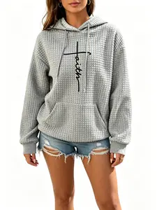 Faith Cross Waffle Knit Hooded Sweatshirt for Women - Casual Long Sleeve Drawstring Hoodie with Pocket, Loose Fit Soft Pullover Top, Stylish Streetwear for Everyday Wear & Religious Outfits