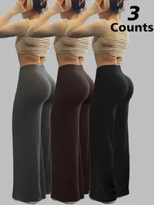 3-Pack Women's Running Yoga Pants, High Waist Stretch Sportswear, Slim Fit Wide Leg Trousers, All-Season Casual Fitness Wear