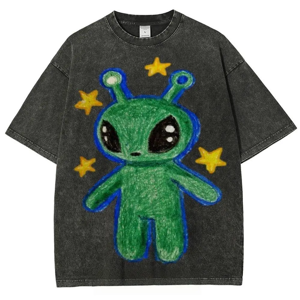 Cute Alien Unisex Vintage Washed Tee, Unisex Vintage Washed Tee, Vintage Coloful Tee - Oversized Shirt - Natural & Animal Planet Unisex Streetwear Casual Prints Top