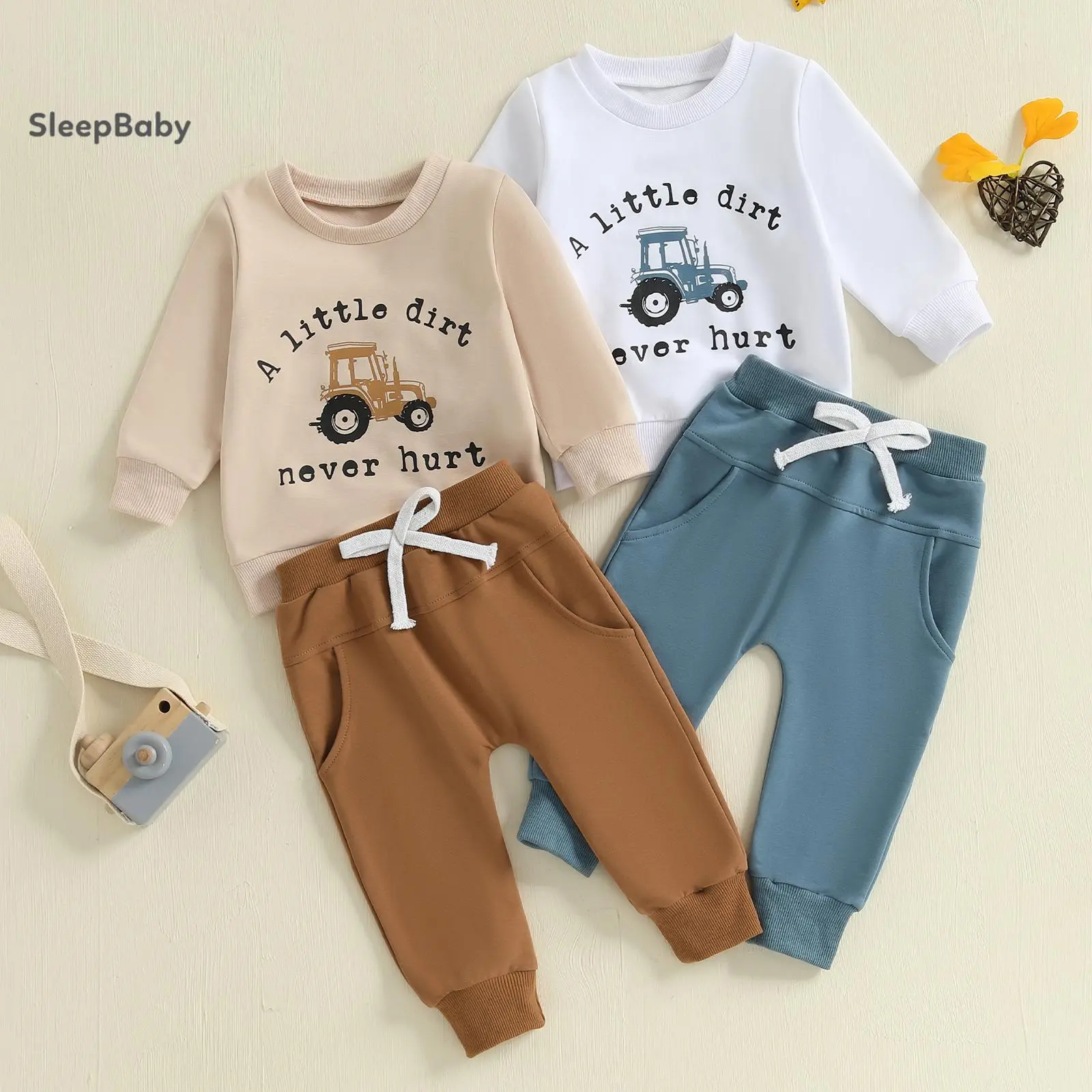 Boys' 2-Piece Fall Casual Set - Children's Letter Tractor Print Long Sleeve Round Neck Tops & Drawstring Pocket Long Pants, Kids Clothes