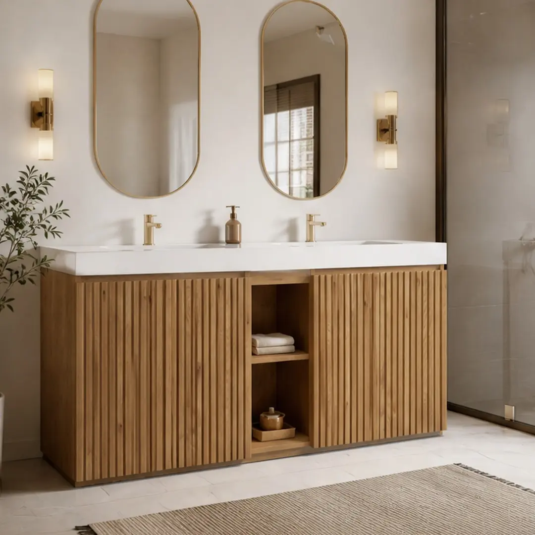60-Inch ARCH Freestanding Double Sink Wood Bathroom Vanity, Knotty Oak Melamine Cabinet, White Quartz Countertop, Soft-Close Doors, Adjustable Shelves, 19.11w x 59.49d x 32.70h in, 160.71 lb, Assembly Required, Multiple Color Options (Light Finish), Smoke