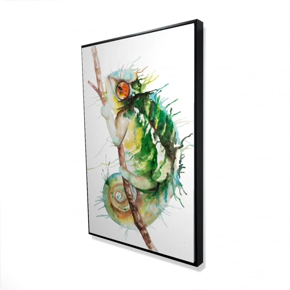 360 Stand Framed Wall Artwork, 24x36 in Watercolor Green Chameleon Animal Print, Artistic Home Decor for Room Decoration, Ideal Gift, Art-Inspired Wall Arts, Chameleon Wall Arts