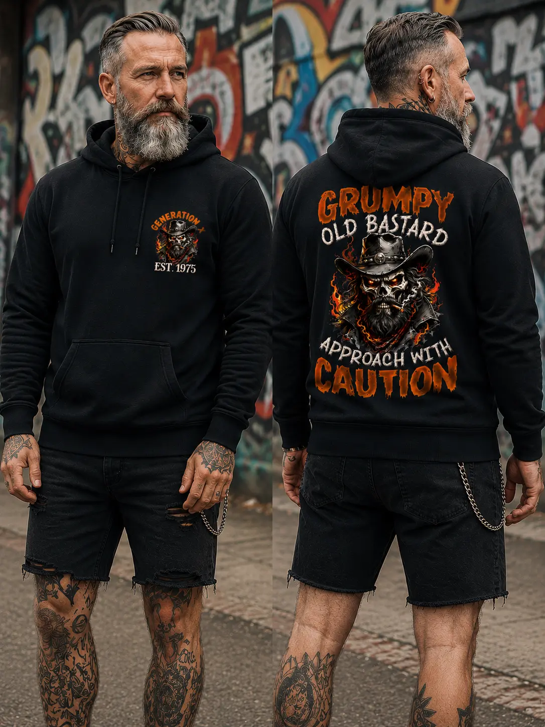 Men's Classic Soft Stretch Cotton Long Fleece Hoodie - Personalized Gen X Grumpy Old Bastard Skull Graphic, Custom Birth Year, Vintage Retro, Jet-Inspired Casual Pullover, Funny Gift (Unisex Fit)