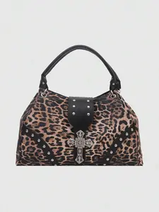 Personality classic leopard-print contrast shoulder bag, niche retro cross decorative rivet embellished shoulder bag, small design sweet and cool versatile handbag, suitable for daily commuting, shopping and dating, Pu Tote Satchel