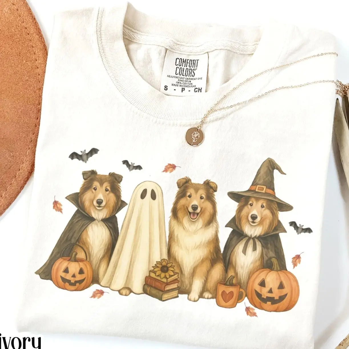 Women's Printed Round Neck Spooky Halloween T-Shirt with Rough Collie Dog Graphic, Soft Fitted Cotton Fabric for Casual Wear & Fall Gym Style