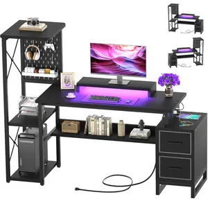 Computer Desk with 2 Fabric Drawers, Reversible Home Office Desk with Power Outlet & LED Lights, 53" Writing Desk with Monitor Stand & Storage Shelves, Gaming Desk Study Table with Pegboard