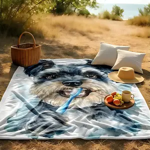 1 piece Cute Schnauzer Brushing Teeth Illustration themed flannel blanket - Modern design flannel blanket, suitable for sofas and beds, all-season multi-purpose use, super soft and warm, digital printing, 100% polyester material, machine washable