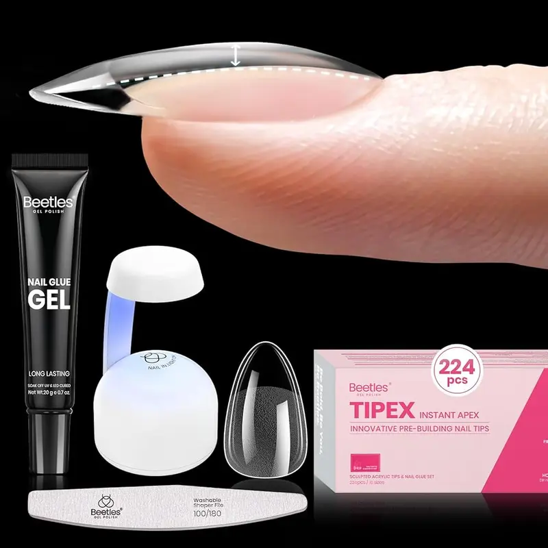 Beetles Tipex Extension Nail Tips, Medium Almond Short Almond Nail Tips 224 Pcs 16 Sizes Pre-Building Pre-Etched False Nail Tips with Tipex Nail Glue, Mini Nail Lamp Thick Acrylic Nail Set