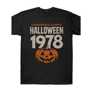 Men's Vintage 90s Michael Myers Halloween T-Shirt 100% Retro Horror Movie Graphic Tee with Jack-O-Lantern Design, Short Sleeve Casual Shirt for Halloween Parties & Casual Attire, Halloween Clothes Fabric Menswear funny  tshirt