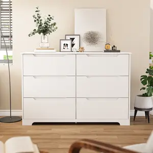 Gizoon 6 Drawer Double Dresser for Bedroom with Anti-Tip Design Modern Wide Wooden Chest of Drawers with Cut-Out Handles Closet Storage Organizer and TV Stand for Living Room Hallway Entryway Girl Apartment Furniture Space-Saving