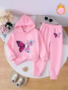 Autumn Winter Girls' Fleece Hoodies Set, Sweet Hoodie & Jogger Pants Two-Piece, Butterfly Floral Print, Warm Casual Wear