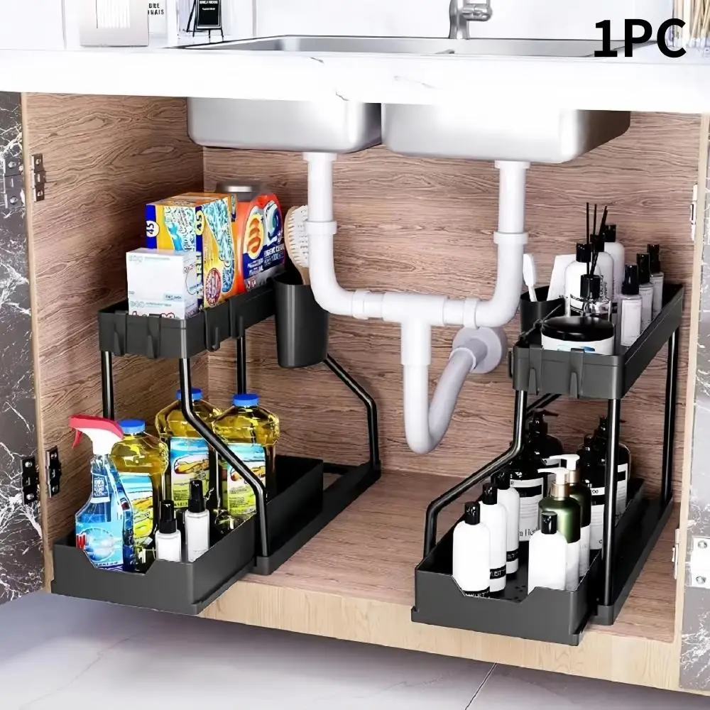 L-shaped Under Sink Drawer Organizer, 2 Layer Sliding Drawer Organizer, Storage Drawer Organizer for Kitchen