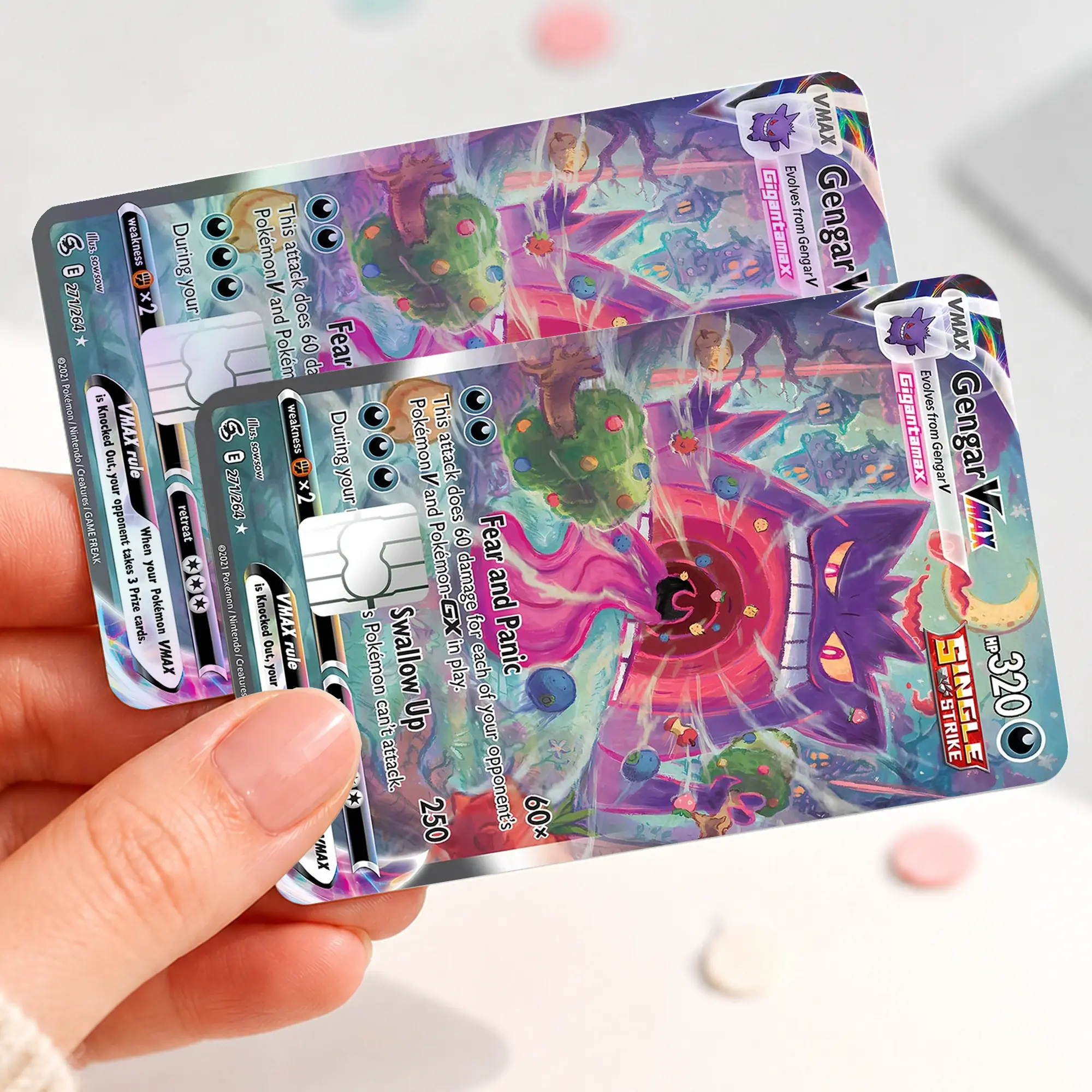 Gengar VMAX Trading Card Style Skin Sticker, Colorful Ghost Monster Debit Credit Card Cover, Gamer Bank Card Decal, Easy Apply Wallet Accessory