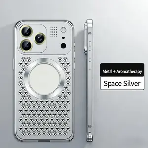 Aluminum Alloy Aromatherapy iPhone Case, Metal Elastic Buckle Full Cover Hollowed Out Phone Case, High-Grade Aluminum Alloy Phone Case Protection Steel, MagSafe Compatible Heat Dissipation Cover