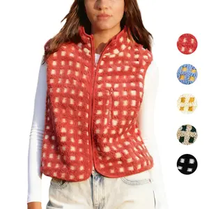 Tanming Womens Spring Checkered Sherpa Vest Sleeveless Fleece Jacket Zip Up Plaid Gilet with Pocket Casual Layering Tops