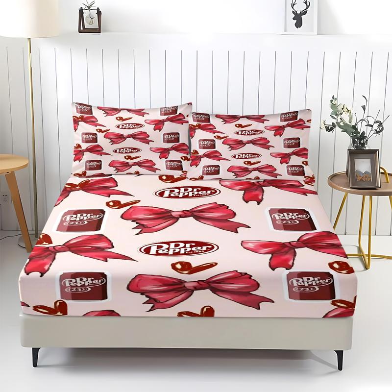 Dr Pepper Brand Full Print Fitted Sheet Set, 1 Fitted Sheet and 2 Pillowcases, Wine Red Color Base, Soft Skin-Friendly, Dustproof Anti-Wrinkle, Decorative Bedsheet Sets, Trendy Bedroom Decor for Boys and Girls